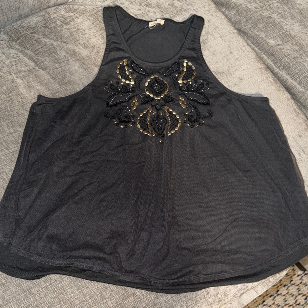 Hollister Black Tank Top with Gold Beaded Embellishment